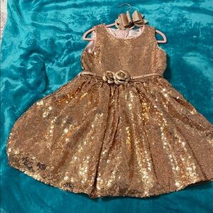 Disney Pink and Gold Belle inspired Sequin Dress with matching bow included